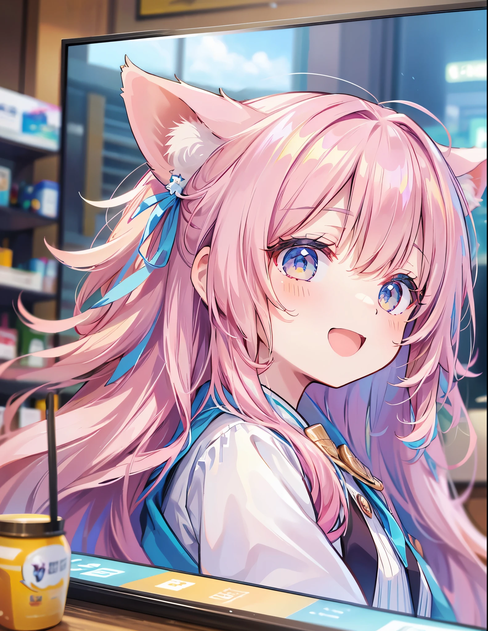 Colored pencil style、((Amazingly absurd)),超High resolution, Attention to detail, high quality, High resolution, 最high quality, 4K, 8k,Cat-eared girl、Shaggy Hair、smile、from the front、:d、tooth,cute,独奏,lop-eared