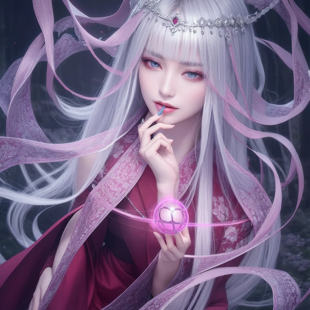 (masterpiece, Highest quality, 1 female, alone, Exquisite detail, chromatic aberration), (Realistic), (skin), ((breathe)), (Silver Hair, Blunt bangs, Straight long hair with short bangs, Shortcut bangs, Silver Hair), Beautiful Hair, a large red headdress, Blue Highlights, Hair on one eye, Purple eyes, Thick lips, Earrings, Sharp Eye, Kind eyes, ((A pink and white kimono)), ((Symmetrical eyes)), ((Perfectly symmetrical body)), ((Perfectly symmetrical hands)), (PurerosFace_v1:0.3), night, (((Own, Natural light))), Bright lighting, Flowers blooming in the background, Look forward, ((Central Shot, from the front, (Face and waist))), Mysterious atmosphere, Flowers blooming around him, Light colored background, fortune teller in kimono, beautiful fortune teller, fortune teller, dark fantasy female fortune teller, female fortune teller, Fantasy Photography, magician, witch fairytale, Japanese style, Elegant cinematic fantasy art, Fantasy Woman, magician portrait, Casting a Spell, fortune teller, a non-sexy kimono, A powerful wizard standing in a mystical forest, Flowing robes adorned with symbols, Holding a glowing heart crystal ball, Eyes glowing with mystical energy, Spells spilling from his mouth, Vibrant swirls of black magic pulsating in shades of red and blue appear in the air, The magic permeates, Blossoms、Sacred creatures gaze upon him with awe, Threads of magical energy dance, Uncover hidden areas、Uncover the secrets, Capture the essence of this enchanting moment、Highest qualityのキャンバスに黒魔術の神秘的な力を生き生きと表現しています。. Highest quality, masterpiece, Ultra High resolution, (PhotoRealistic: 1.4), RAW Photos, Sharp focus, High resolution, 詳細なskin, .