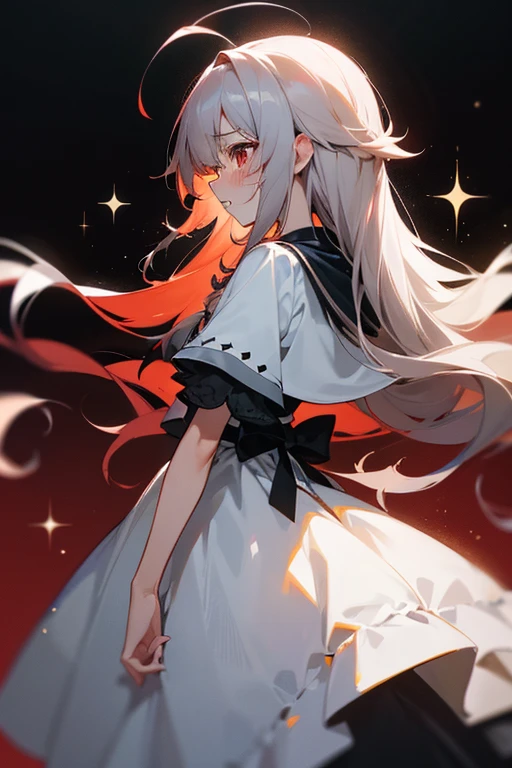 One person, solo, Long Hair, High resolution, chest, Blushing, とてもLong Hair, Gray Hair, Ahoge, High resolution, masterpiece, Highest quality, Simple Background, Back view, Red eyes, Remove the hood, Sparkle Effect, Open your mouth a little, tears, Are crying, I want to cry, Red face, profile、Gothic-style interior、White dress、noble、Lady