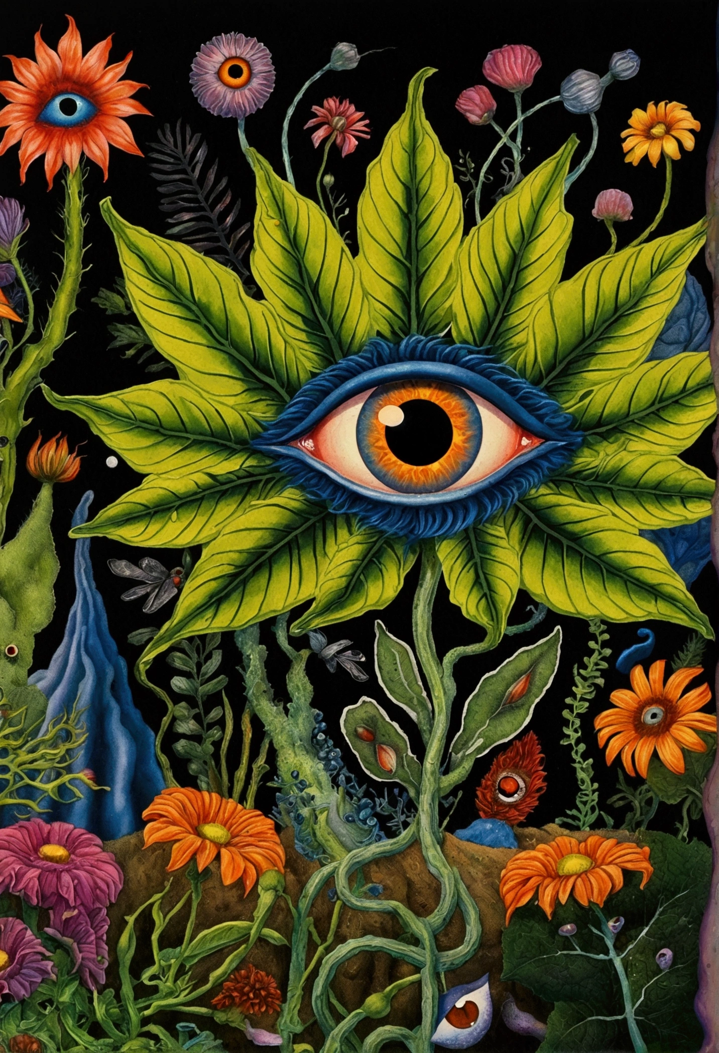 A painting，A flower with big eyes in the painting，Surrounded by plants, Psychedelic surrealist art, The holy grail of the eyes of the brain, Shaman horror LSD art, Psychedelic illustration, Pop surrealism, Surreal psychedelic design, Exotic plants and fauna, Exotic plants, Psychedelic Art, Highly detailed hyperrealistic art, strange plants, hallucinatory art, DMT art, Psychedelic Artwork