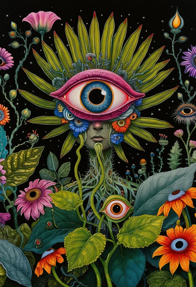 burly dandelioncreature, <lora:dmmidStyle_symmetrical:.2> deep rainbow color, art by (apterus:.35) ecological horror art, Artgerm, WLOP, Thomas Kinkade and Studio Ghibli; surreal fictionalization, Ralph Steadman style Fear and Loathing, Intricately Designed cosmic sky, Photograph Taken on Nikon D750, Intricate, Elegant, Digital Illustration, Scenic, Hyper-Realistic, Hyper-Detailed, 8kl <lora:flowervirus_lora_2800steps:.55> flowervirus