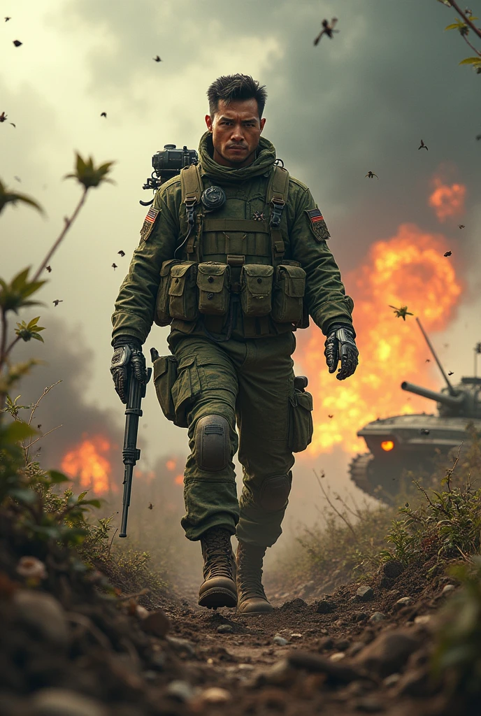 Malaysian soldier with robotic hand, in the battlefield, war, survive, realistic, fight, 4k, alien background, tank, chaos