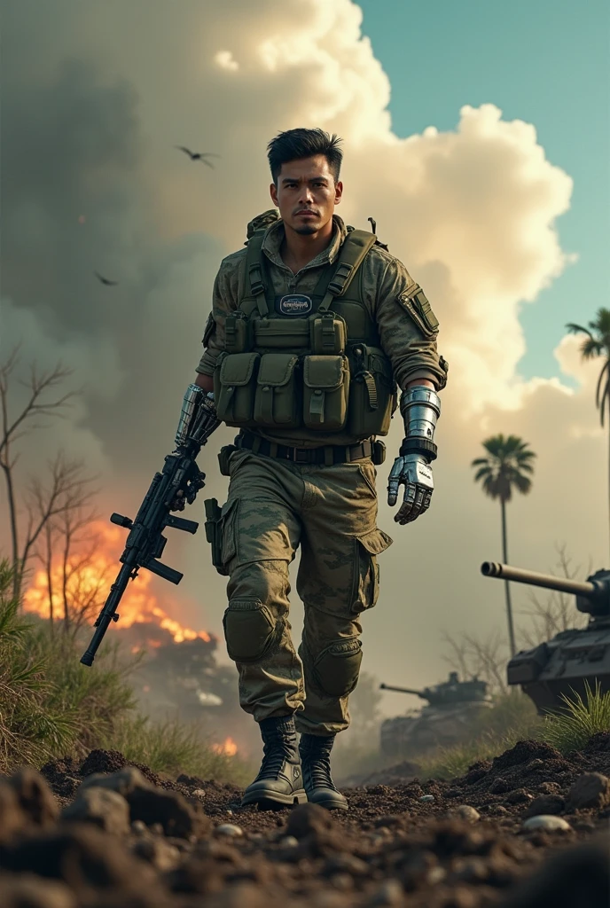 Malaysian soldier with robotic hand, in the battlefield, war, survive, realistic, fight, 4k, alien background, tank, chaos