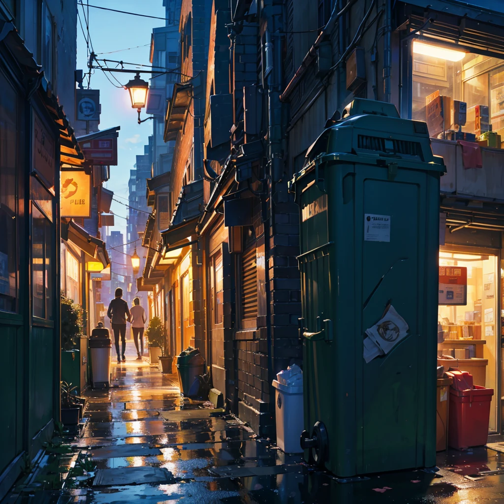 rubbish bin, Corners of buildings in the city, evening