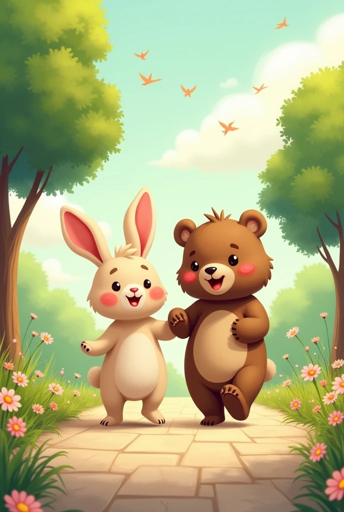 Rabbit and Bear ，illustration style，Walking on the pavement