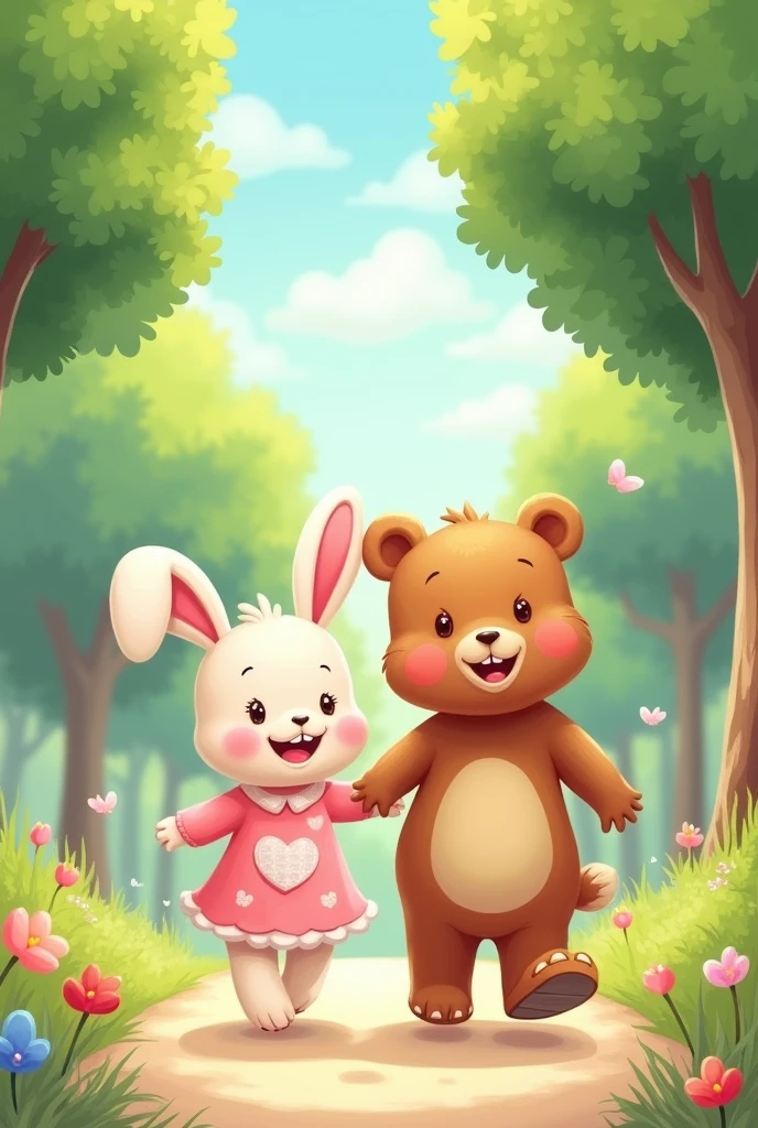 Rabbit and Bear ,illustration style,Walking on the pavement