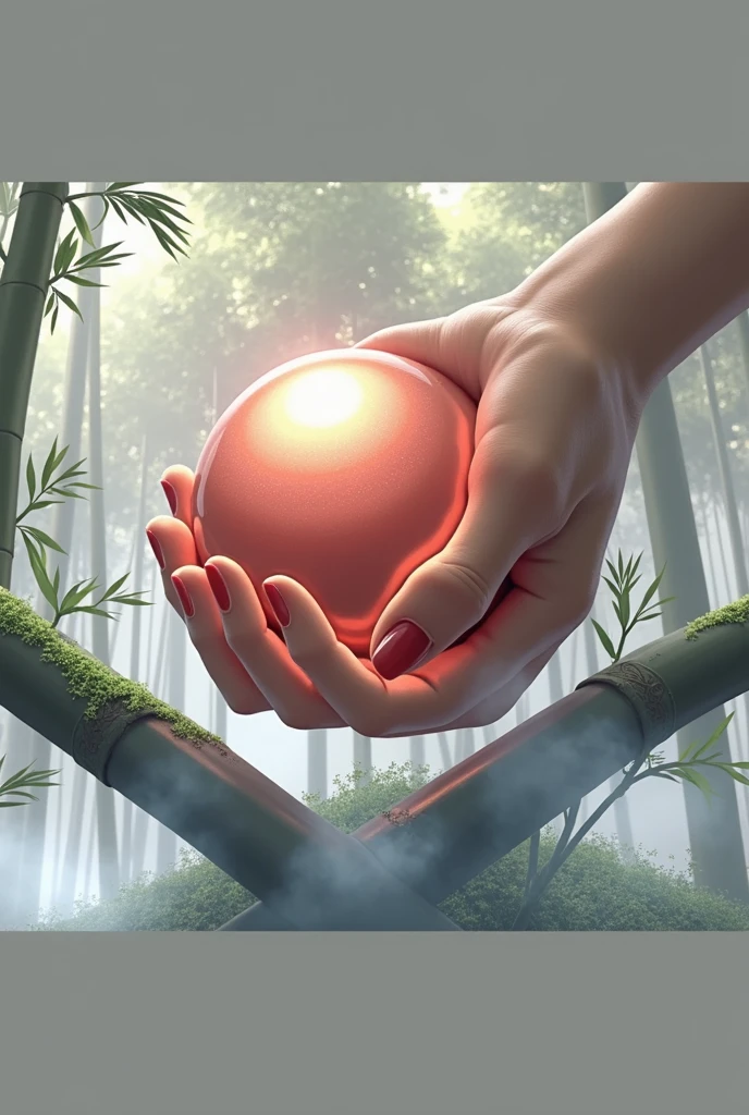 Create a mesmerizing image set in a dense bamboo forest. Tall, slender bamboo stalks rise high into the sky, their vibrant green leaves forming a natural canopy that filters the sunlight, casting dappled shadows on the forest floor. The scene is tranquil, with a soft mist hovering close to the ground, adding an air of mystery and serenity. In the center of the image, introduce an unexpected and creative element—a floating, glowing orb that emits a soft, ethereal light, contrasting with the natural surroundings. The orb’s glow should reflect off the bamboo stalks, creating an enchanting play of light and shadow. The composition should evoke a sense of wonder and magic, blending the natural beauty of the bamboo forest with the surreal and imaginative