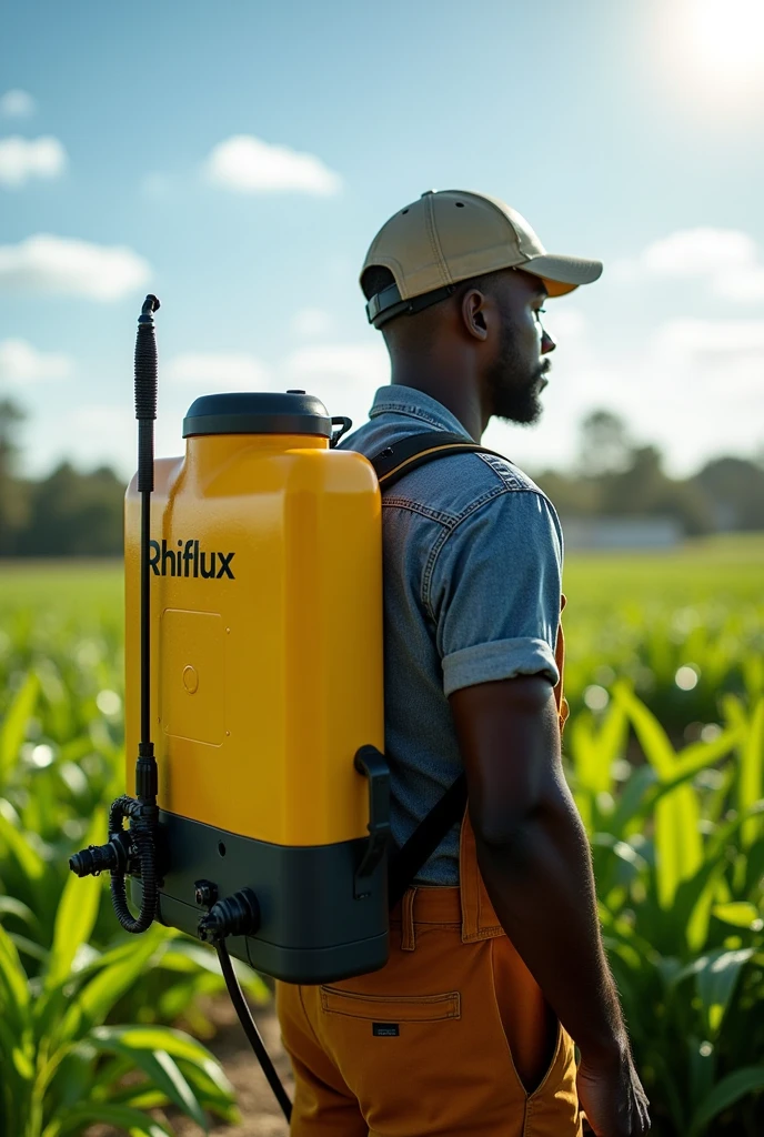 Electric spray pump, powered by the rhiflux electro cube, on the back of a black famer, with the name Rhiflux on the pump