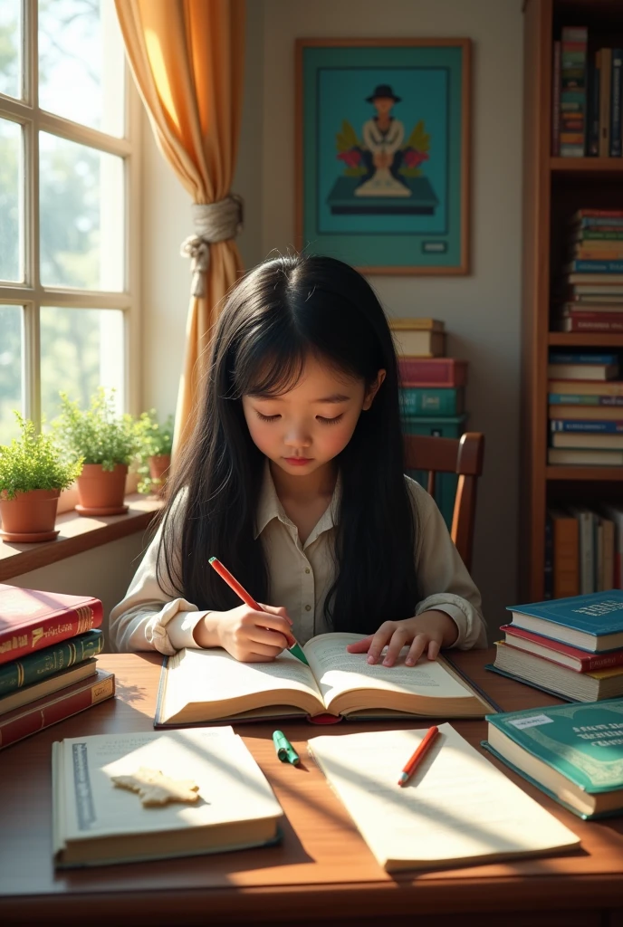 A girl with long black hair studying