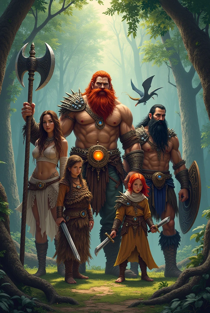 A dwarf carrying a large axe, With braided red hair and beard, At his side a sorceress with brown hair holding a staff with an orange orb at its tip, A tall and strong man with black hair and triton features, This man carries a large trident and a necklace with a blue jewel, At her side a young and beautiful girl with red hair wearing savage clothes and long, deadly claws, Then a sky elf, With white hair and draconian wings, Loading daggers, At his side a bald man with a black beard carrying a sword and shield with a draconic aspect