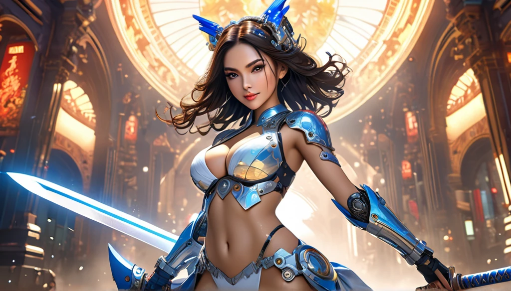 ((40k)),((Ultra Realistic))((Photo Realistic)),((HDR)),((Intricately Detailed Portrait)), ((High Quality)) ((Unreal Engine 5))((Natural Lighting))((Golden Ratio))
(( INDIAN WOMAN)). . Slender hourglass Body. Massive Boobs and Breast. Deep cleavage. Orgasmic Face. Sharp Jawline. Enchanting Eyes. Supple Lips . Makeup. Perfectly Toned Body, Brunette. Sophisticated Hairstyles. Wet Body. Gracious Looks . Cute Smile.
Silver and sapphire Empress Decorated Cybernatic Slit Biomechanical Mini Outfit. Sci-Fi. Gorgeous War Goddess Aura. . Mechanical Sword . Terminators. Elaborate Headgear
Nonchalantly Posing. Dynamic Views. Dynamic Angles. Dynamic poses. Glaring at Camera. Accentuated Curves. Arched Pose. Sophisticated Hairstyles. Bokeh.
. . Orgasmic Face. Pleasurable Face. Ultra Wide Angle Lens
Glowing energy by alphonse mucha
Sophisticated Diablo Art
Brightly Illuminated
Beautiful Mechanical City Landscape