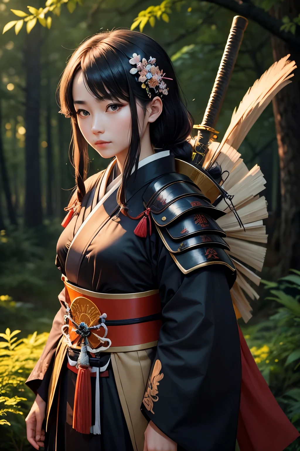 (Highest quality:1.2)。One Woman。A crow disguised as a young and beautiful woman。Karasutengu。kimono。Samurai Armor。Carrying a samurai's sword on his back。Standing on the branch of a large cedar tree。Background is a bright cedar forest。