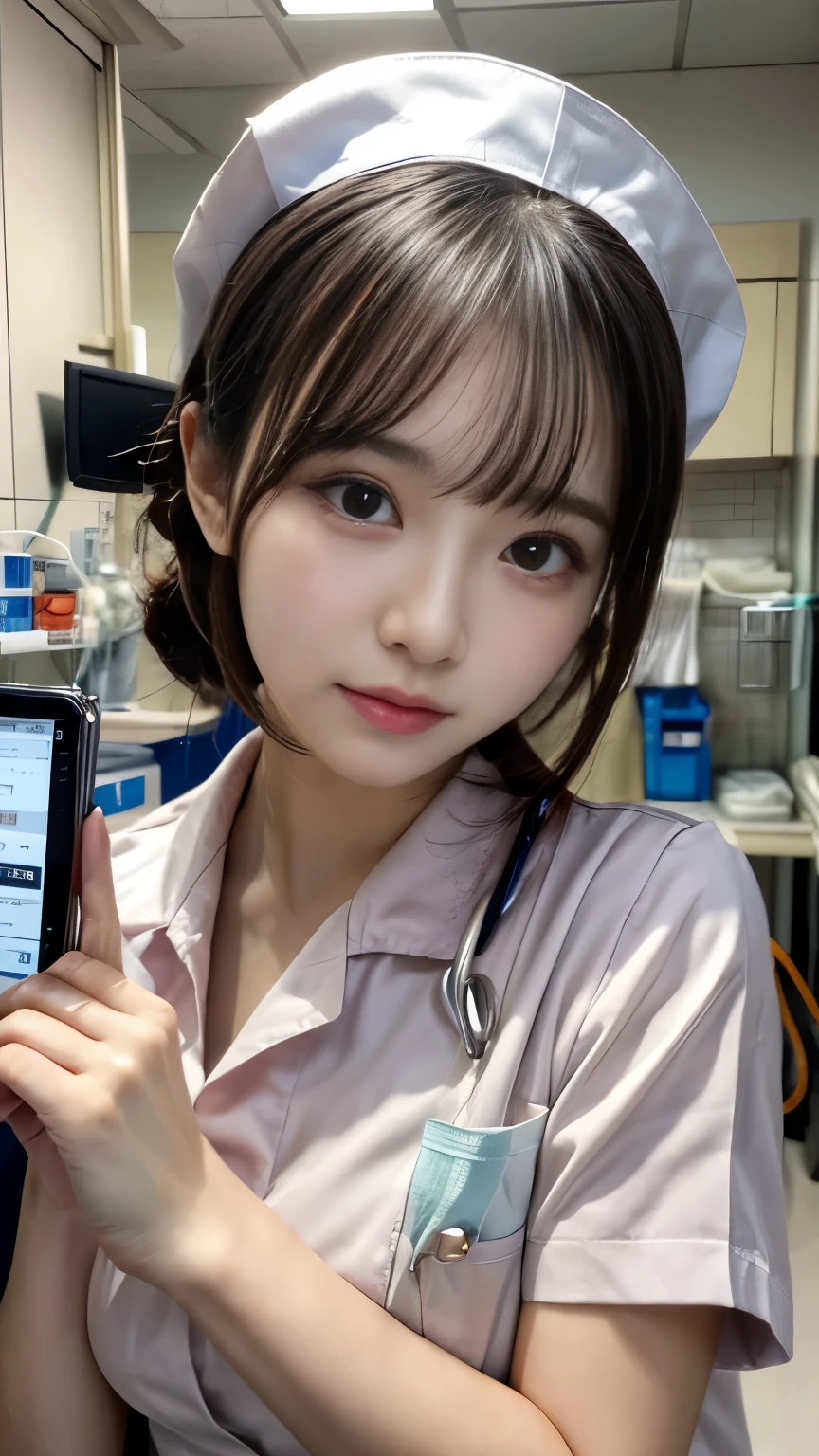 masterpiece, best quality, Super detailed, fine details, High resolution, 8K,wall paper, perfect dynamic composition,(Details High quality, realistic depiction of eyes:1.3), black hair color, Big Natural Color Lip,20 year old girl、cute type、ta、(korean Nurse:1.4)、(hospitals:1.2)、nighttime scene、Hospital Room、a bed、is standing, (white nurse uniform:1.3)