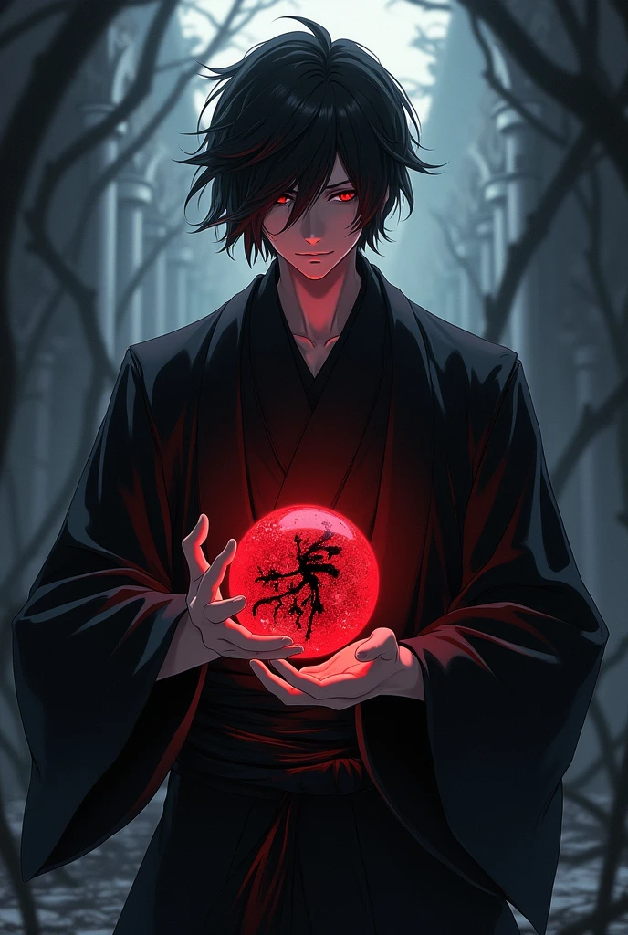 Anime, Male, Black hair, immortal like appearance, dark souls atmospheric, black dark stripped kimono, holding a red ball of energie with a slaughter crest.