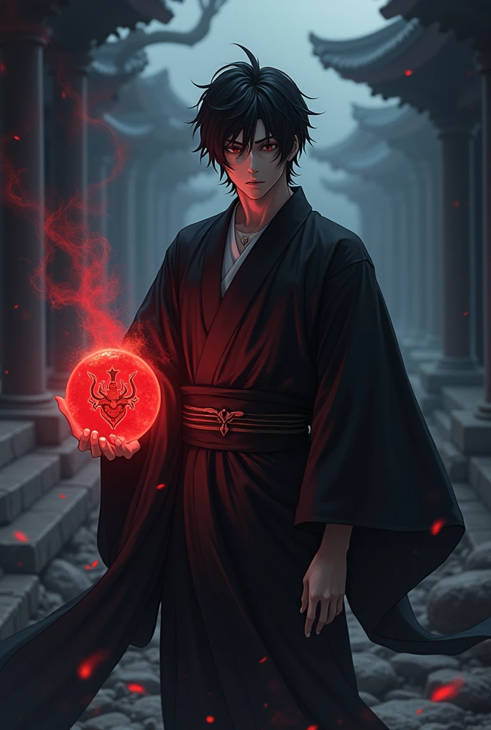 Anime, Male, Black hair, immortal like appearance, dark souls atmospheric, black dark stripped kimono, holding a red ball of energie with a slaughter crest.