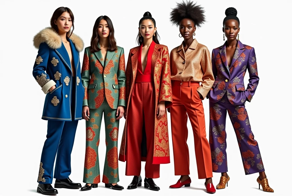 Russin girl wearing blue suit with lot of snow patterns and fur ,((korean girl)) wearing red suit with green shirt and lot of chinese dragon patterns , turkish girl wearing beige suit with lot of arabic patterns , african firl wearing puple suit with lot of orange pattern , american girl wearing blue red suit with lot of american eagle patterns ,high classic shoes , differents poses , oversize pants , photo shooting , models, white background , cineamtic , full body