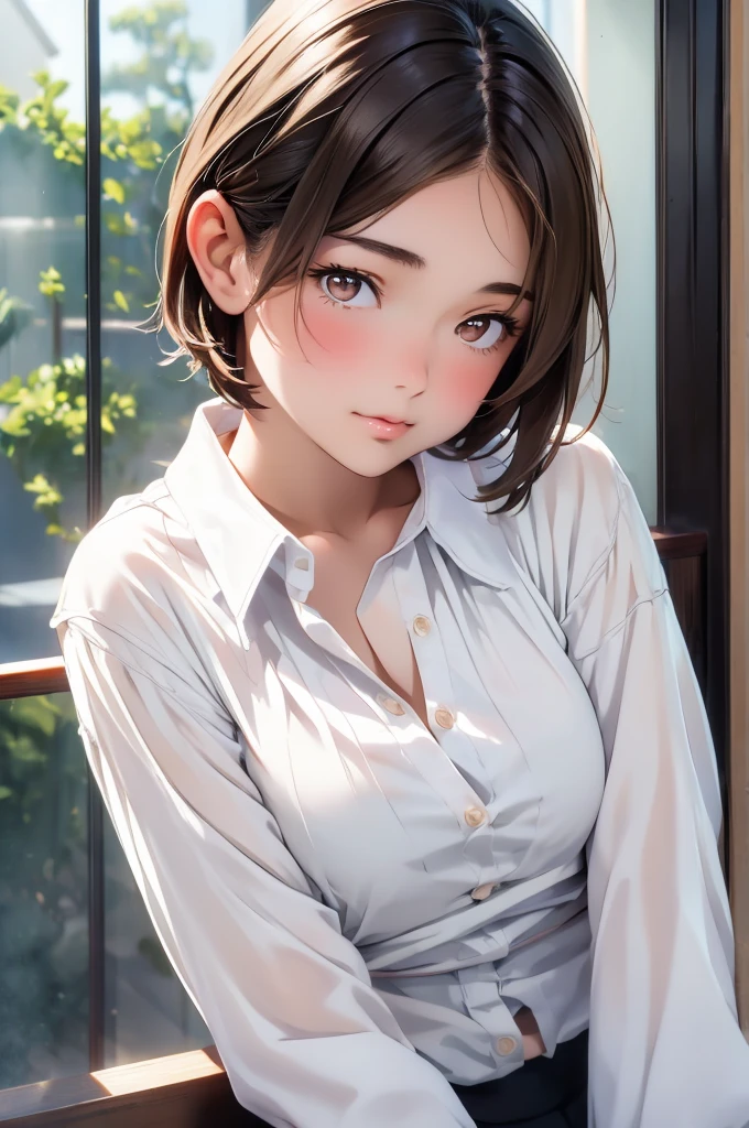 High Definition, Beautiful Japanese Idol Teenage Girl with Dark Hair, Dark Beautiful Droopy Eyes, ((Very Short Hair)), Silk Skin, Blush, Bashful Face, Photorealistic, Portrait, Masterpiece Painting, One Woman (White Shirt:1.5), Flat Breasts, 8K, Leaning Against White Wall, Shadow, High Contrast