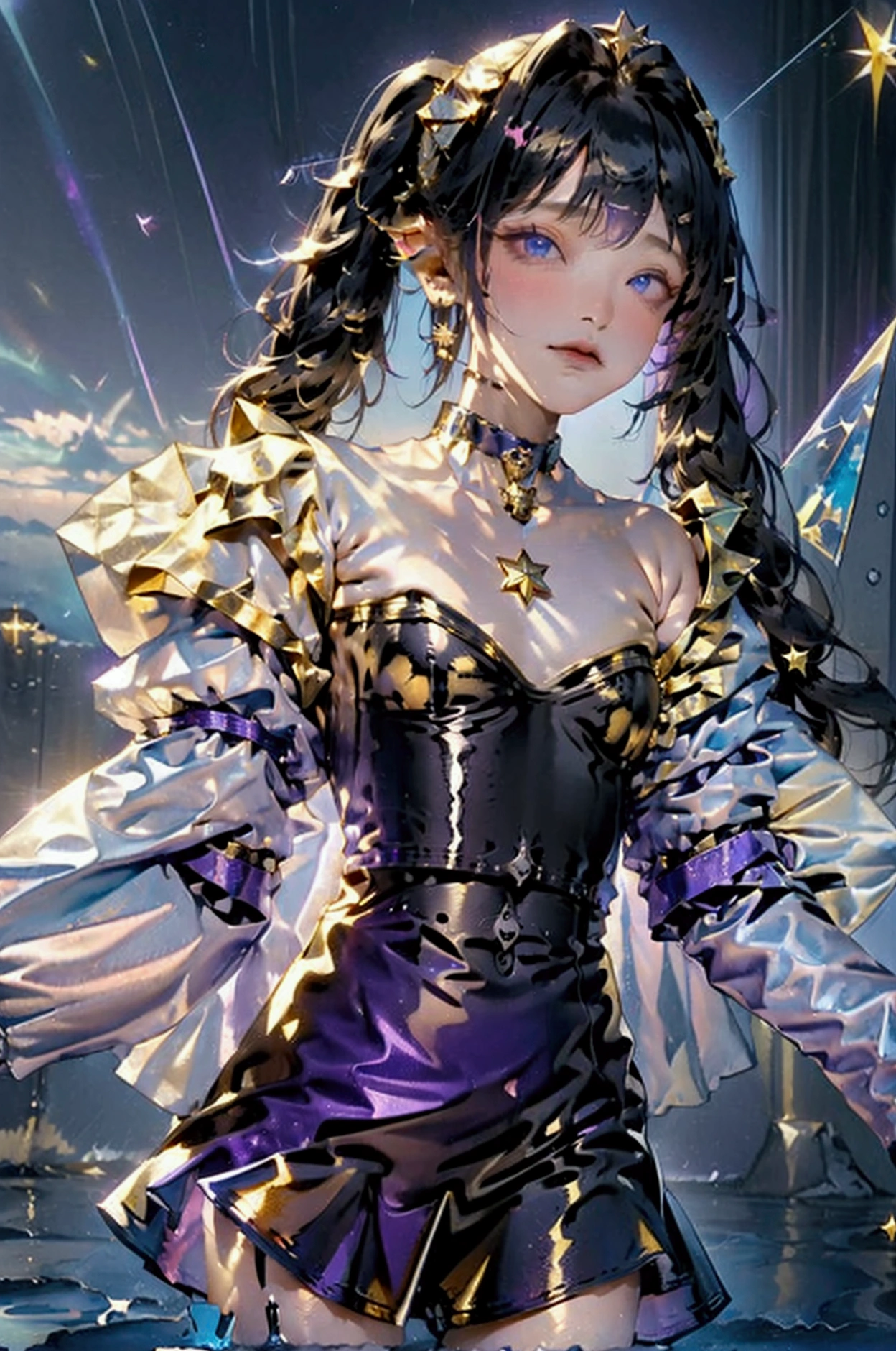 girl, located in the corner, looking at the sky, solo, Mona (Genshin Impact), choker, hair between eyes, star (symbol), long hair, dark purple hair, twintails, blue eyes, shining eyes, jewelry, witch, maid, bangs, purple black dress, purple skirt, white apron, landscape, night sky, star (sky), starry sky, night, outdoor, clouds, reflection, water, magic, tarot, water magic, ((beautiful golden crystal star)), space, water droplets, splash