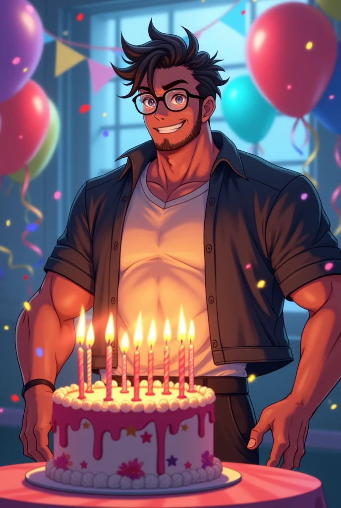 Can u generate an adult with glasses and buff body and glasses anime version blowing out candles