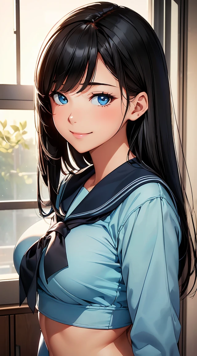 masterpiece, Highest quality, 非常にdetailedな CG Unity 8K 壁紙, Ultra-realistic 8k CG, Perfect artwork, The perfect woman, Dramatic Shadows, (Spotlight, Perfect lighting, detailedな光, (((One Girl))), ((Sharp Face)), ((Black Hair, Straight Hair)), Model body type, Big ample breasts, ((Cute Face)), (Smiling shyly: 1.2), (Visible through the sailor uniform、Light blue bra), beautiful顔, (beautiful胸のライン:1.2), beautiful, Exquisite features depicting a perfect face, Natural beauty, sweating, Slender, 軽やかでbeautiful太ももの表現, high school girl, High School Uniform、detailed, Realistic Light and Shadow, 8k resolution, Professional Lighting, (Glowing Skin:0.9), Perfect hands,