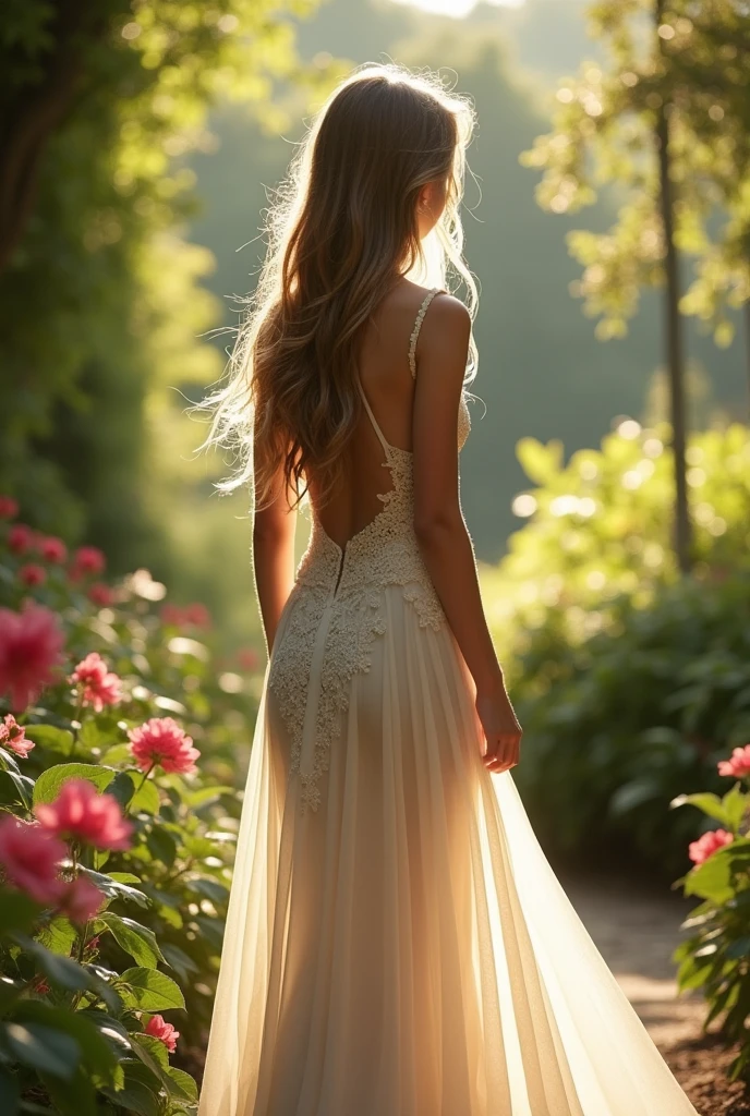 A girl in a long, fitted dress in the shade of light, rear view, highest quality, fine details, high level of illumination.