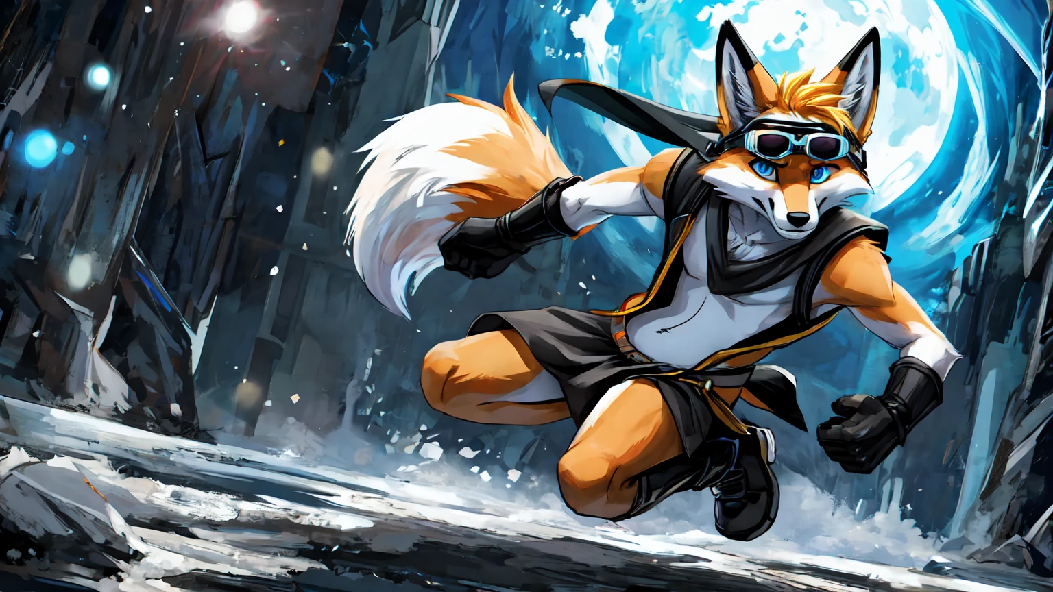 Solo, teen furry, furry, teen, white fox, fox, white body, grey stripes, googles, black sleeveless jacket, black loincloth, holy magic, masterpiece, Detailed face, big eyebrows, blue eyes, detailed eyes, No muscles, Detailed hands, Flat body, Skinny, Detailed paws, no shirt, no underwear, black gloves, black boots, art by negy, action pose,