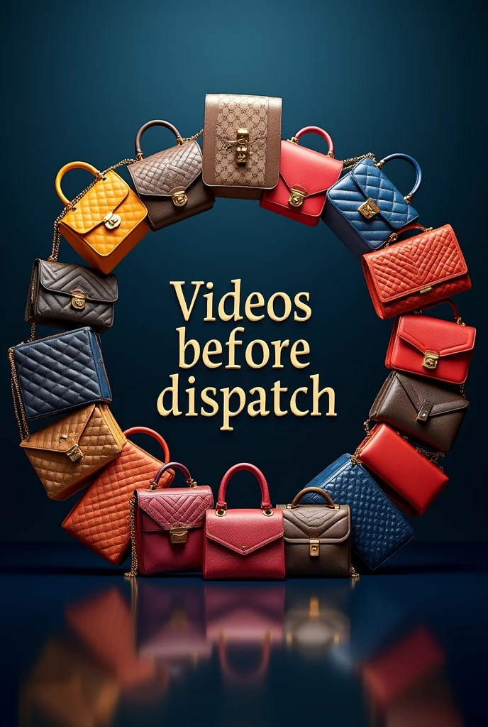 Create a realistic circle image  full of luxury bags and weite "VIDEOS BEFORE DISPATCH" in the centre of image in a circular shape