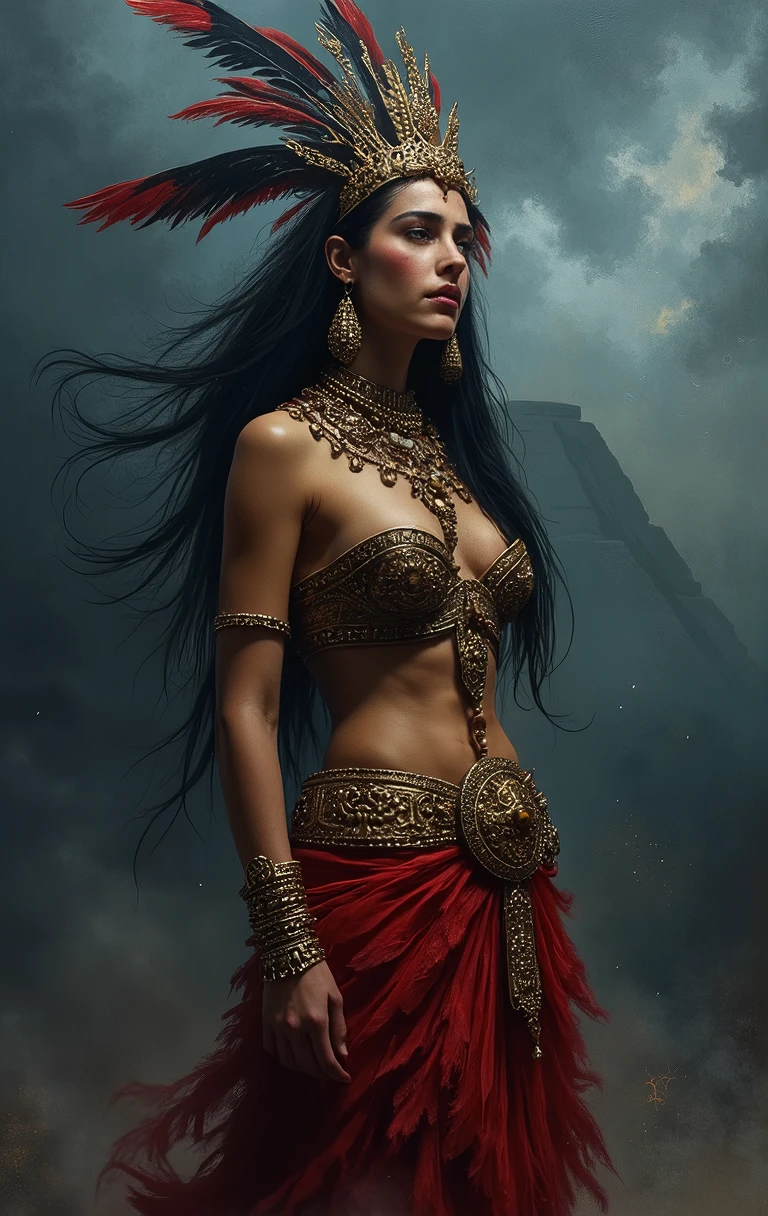 (Masterpiece.UHD.full. Body shot)beautiful detailed eyes, beautiful detailed lips, extremely detailed eyes and face, long eyelashes, gorgeous Aztec priestess, 23 years old, full body shot, bloody ritual, dark atmosphere, black storm clouds, cinematic lighting, dramatic contrast, vibrant colors, oil painting, intricate details, chiaroscuro, hyper realistic, museum quality.aztec pyramid.