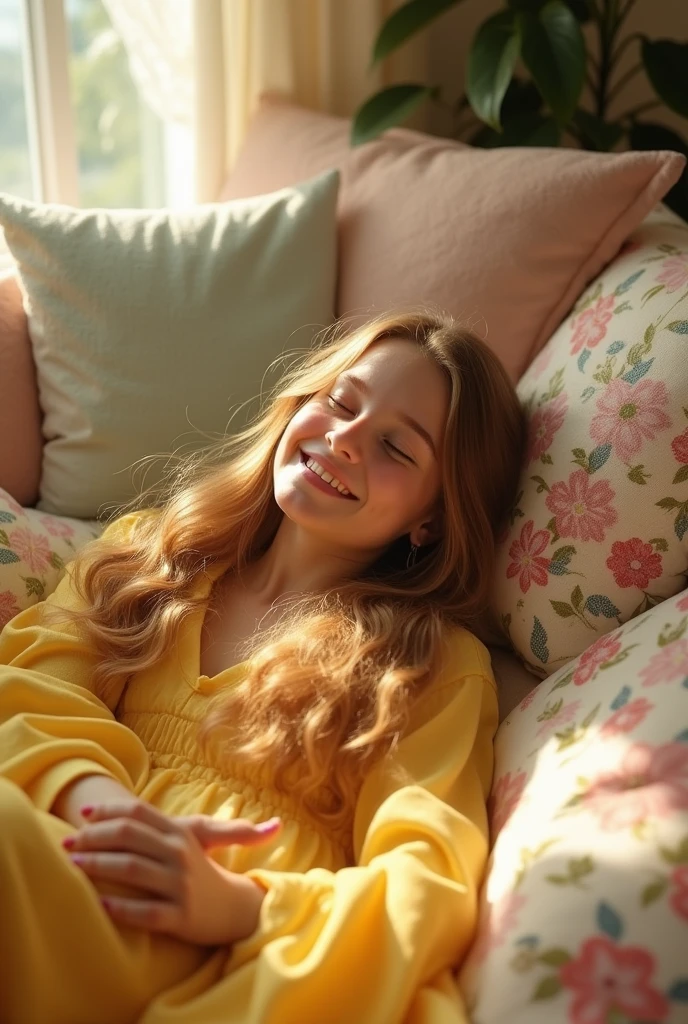 A beautiful girl lying on bed with gup between the and she is wearing yellow colour shining clothes 