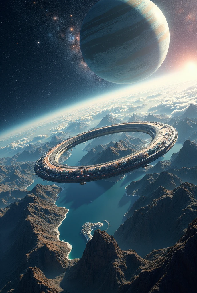 The distant future of planet Earth. The earth has rings, like Saturn. These rings are space stations with their own oceans and cities.. Detailed Terrain. Detailed space