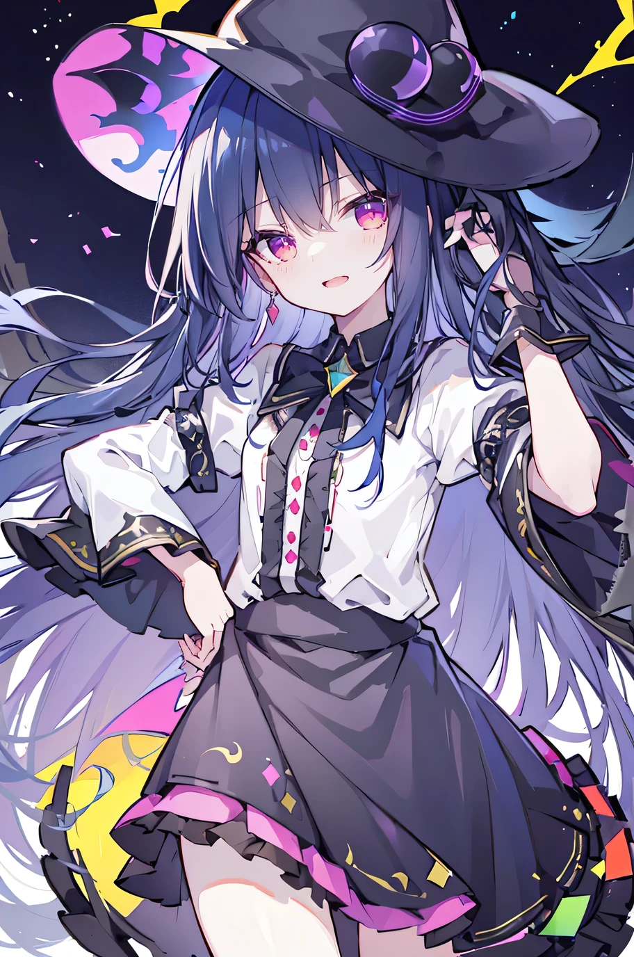 oung Girls,Humanity,A magician always smiles,big witch hat,cute,dark blue long hair,The eyes are dull,The bangs are heavy,Thin eyebrows,fantasy,intake,Double teeth,Star Theme,Constellation pattern,Solid color clothetal decoration,cloak,A bit of a dark atmosphere,A little crazy smile,When the big moon shines outside at night,blood,Hair black star embellishment,Short tie,No nails,High waist skirt,Bell sleeves,Long-sleeved shirt,Black tie,low risk,gentlemen。Mist、Yellow and white effect，Shocking pink as an accent color