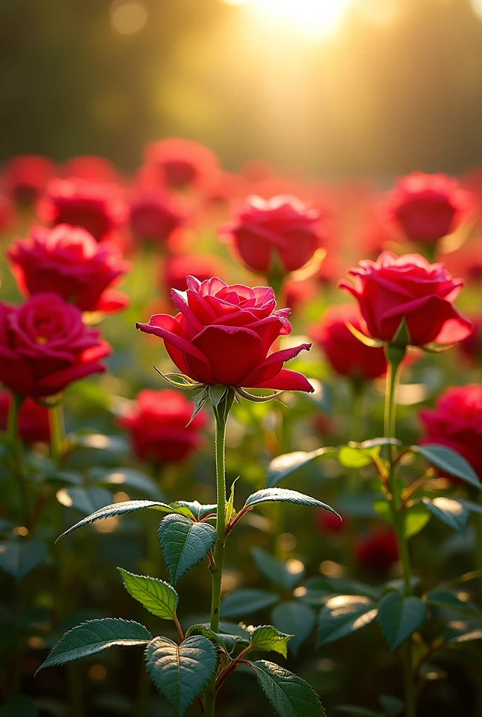 Many bright red roses are lit