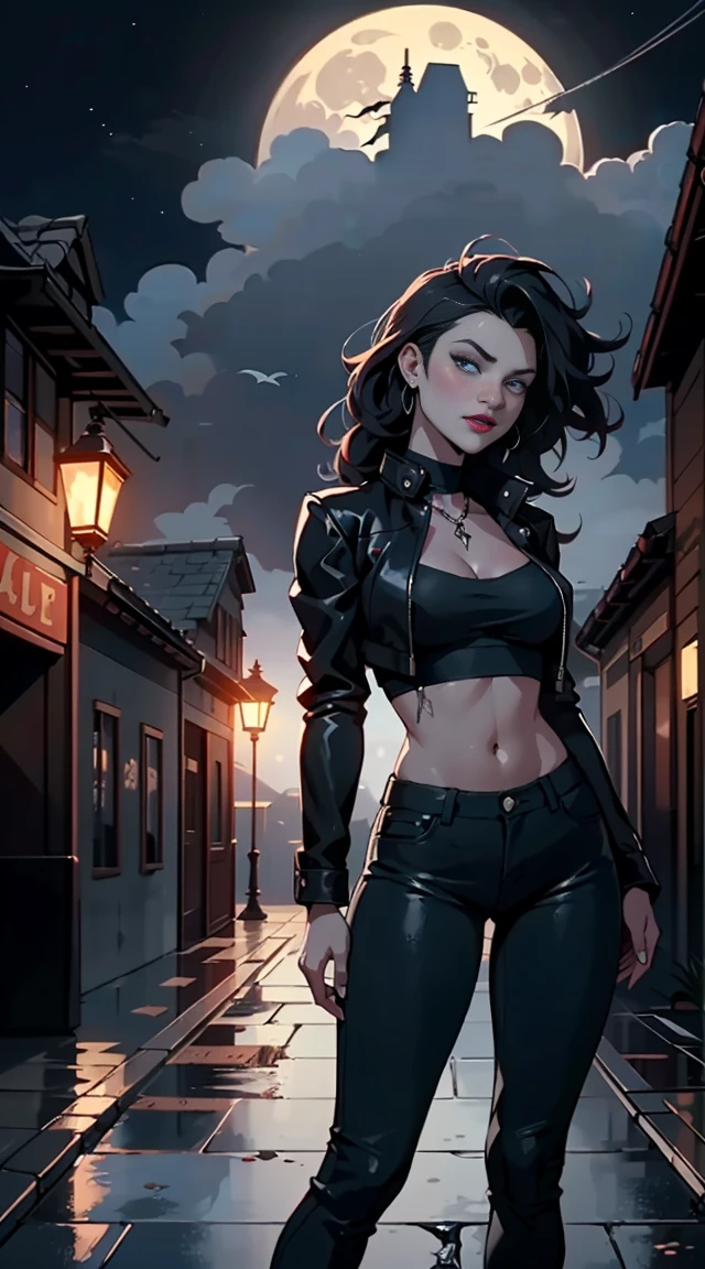 The image now depicts a seductive vampire standing on a moonlit cobblestone street in an old European city. Her leather jacket remains, but it's now adorned with ancient occult symbols and a "NIGHT STALKERS" patch. Her crop top is replaced by a deep red corset, and her jeans by tight black leather pants.
Her skin is unnaturally pale, contrasting with blood-red lips and elongated fangs barely visible as she smirks at the viewer. Her eyes glow with an eerie amber light, and her wavy hair now has streaks of midnight blue.
The background transforms into a misty, gothic cityscape. Gas lamps cast a flickering, ominous light on crumbling stone buildings. Gargoyles leer from rooftops, and wrought-iron fences line the street. The motorcycle in the foreground becomes a sleek, black mechanical beast with glowing red accents.
Shadowy figures lurk in doorways, hinting at a hidden vampire society. A full moon hangs low in the sky, bathing the scene in an otherworldly silvery light.
The color palette shifts to deep purples, inky blacks, and rich crimsons, creating an atmosphere of supernatural allure and danger. Wisps of fog curl around the vampire's feet, adding to the mystical ambiance.
This reimagined composition maintains the confident pose of the subject but infuses the scene with elements of gothic horror and vampire lore, transforming a modern urban setting into a timeless realm of dark fantasy.