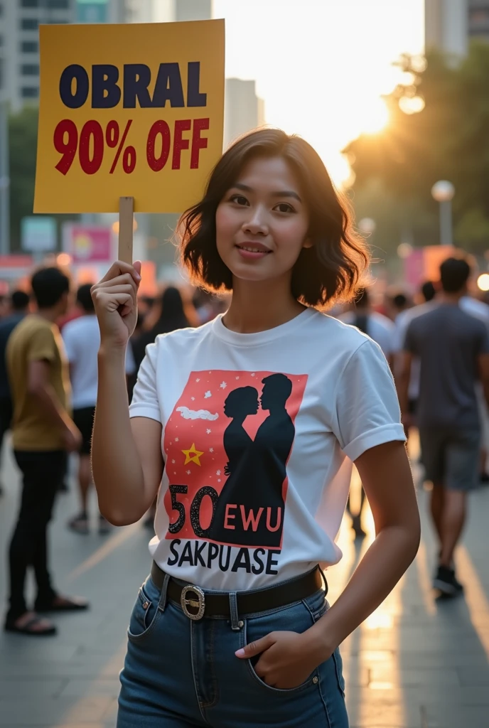 A beautiful Indonesian girl, wearing a t-shirt with a strong vector design featuring a silhouette image of a naked couple having sex in black colour. The sentence "50 EWU SAKPUASE" is displayed with bold and distressed typography pastel tone, holding a poster a sign that reads "(OBRAL 90% OFF)", short wavy hair, in a public place, surrounded by many men, large and sexy breasts, mitenight, with a shooting angle from the front, very realistic, (complex detail: 0. 9), (hdr, hyperdetail: 1.2), RAW, Sony Alpha a9 II, 24-105mm f/4, HDR,