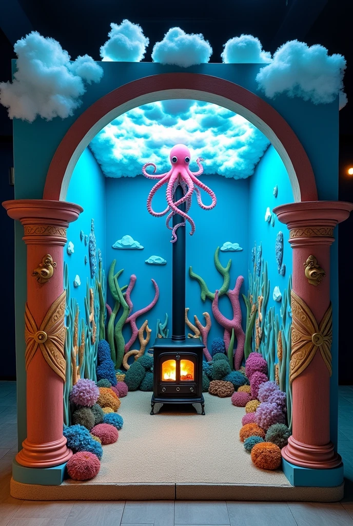a cubicle of 3.10m wide x 2.50m long and 2.65m high, with reef-type decorated walls, On the ceiling, an octopus providing decoration and around it simulated white and light blue clouds with blue lights, on both sides of the front part, old-style cafe columns with pirate decorations, In the back, a small stove and in the front, a bar blocking the entrance.