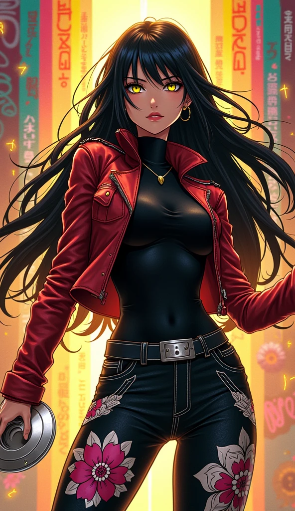 ((((spectacular))) ((heroic)) (((intense))),background, mixed-language_text, Japanese graffit lyrics ,girls, excellent lighting, sidelighting, (), vhsKeeper,, style GUILTY GEAR -STRIVE perfect ultimate (flat color: 1.3), (magazine_cover: 1.4), (multicolored_background: 1.3), striped_background, card_background, circular pieces of white metals glued to the arms coming out shimmering yellow glow,beautiful woman with ultra detailed long black hair, (beautiful and clear background: 1.2), fantastic paintings, graffit style flowers, highly detailed eyes, a t-shirt or dress with a white blouse underneath, background, mixed language_text, Japanese letters in graphite, ashley alexiss beautiful woman, long black hair, excellent lighting, side lighting, perfect ultimate (flat color pink bubblegum gradient: 1.3), (magazine_cover: 1.4), (multicolored_background: 1.3), striped_background, card_background, :: Discs with sharp and shiny blades in the hand :: circular pieces of white metals glued to the ultra detailed arms coming out sparkling shine, black star design stamped in the middle of the T-shirt, perfect and detailed sculptural body, ultra detailed shirt with abstract design and with Japanese letter print in graphite of the sides of the clothing, used jeans, large chest, with immersive effects, hover effect, graffiti style flowers background with flowers and vibrant colors, "ultra" hdr detailed and with focus effect, (masterpiece: 1.2, best quality), (beautiful emerald yellow eyes with finely detailed huge eyelashes: 1.2), , ((Solo)), (finely detailed eyes and detailed face: 1.3), beautiful ultra-detailed eyes, linear light smile, graphite and tattoo style background, skintight bodysuit with detailed tattoo style print, ultra-detailed red gradient leather jacket, warm thighs, black skintight pants with ultra-detailed white and pink details, large breasts, ultra-detailed bracelets on the arms, , bracelet on the right arm wi
