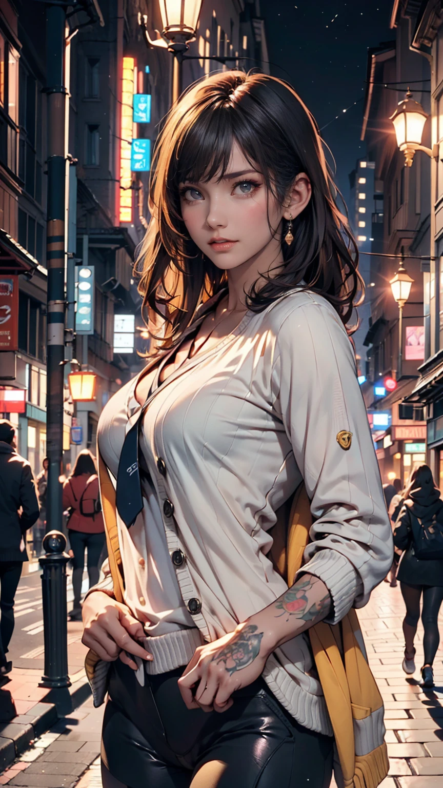 Highest quality, masterpiece, Cinema Lighting, Complex, cinematic detailed Realistic background, Detailed face, whole body, Small breasts, Realistic, Clear lines, , , One person jogging, Cityscape, night, tie shirt, View your viewers, tattoo, Model pose, Open cardigan, Ring-shaped yellow eyes, Street lights, lamp post, Yoga pants, Split Color Hair, 