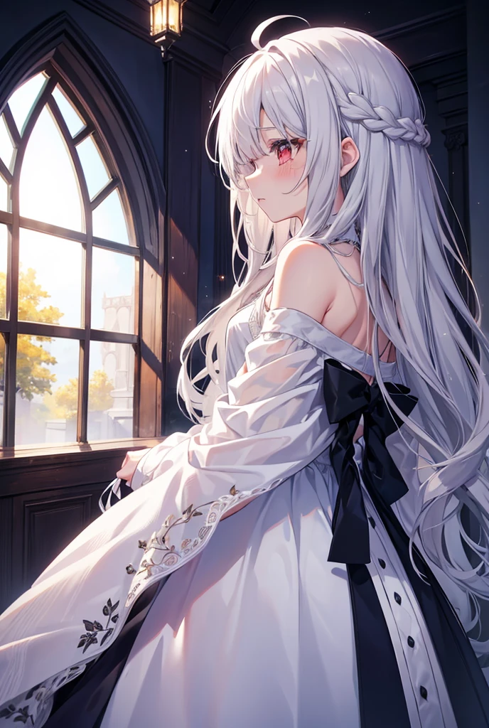 One person, solo, Long Hair, High resolution, chest, Blushing, とてもLong Hair, Gray Hair, Ahoge, High resolution, masterpiece, Highest quality, Simple Background, Back view, Red eyes, Remove the hood, Sparkle Effect, Open your mouth a little, tears, Are crying, I want to cry, Red face, profile、Gothic-style interior、White dress、noble、Lady