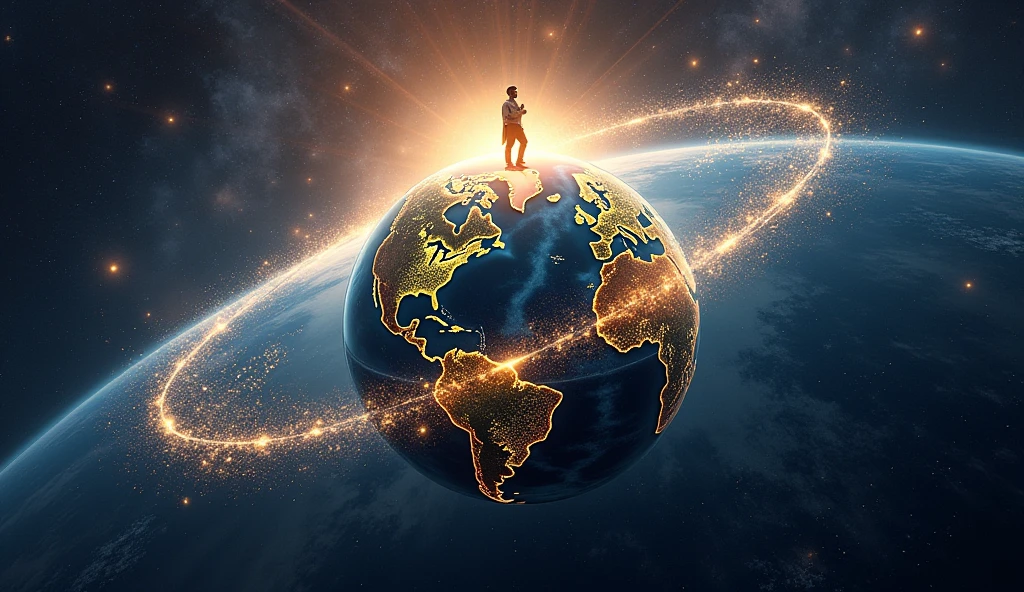 "A cosmic scene showing the earth with glowing lines connecting France and India, and above them, ethereal images of Napoleon and Samudragupta looking down proudly, their legacies encircling the globe."