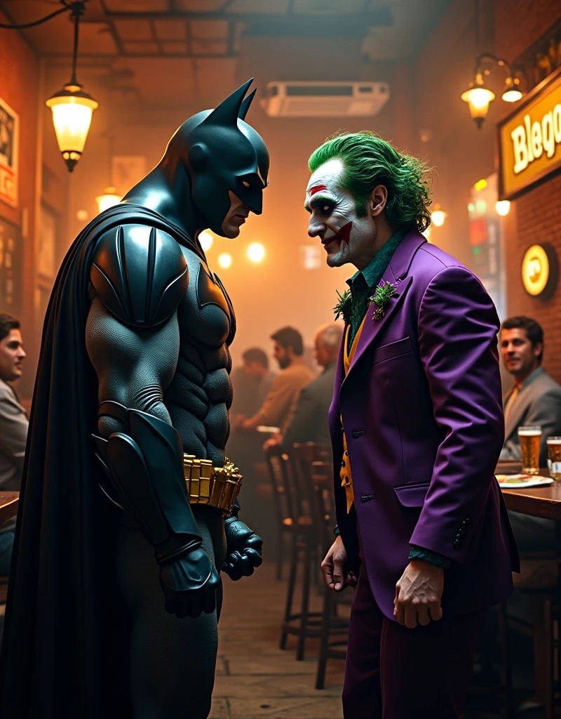 Imagine a captivating moment as Batman and the Joker lock eyes in a crowded tavern filled with people enjoying beer at three tables. The tension is palpable. Craft this engaging scene with meticulous detail in ultra-realistic 10k high resolution, drawing inspiration from comic book illustrations, digital rendering, and the vibrant energy of a tavern