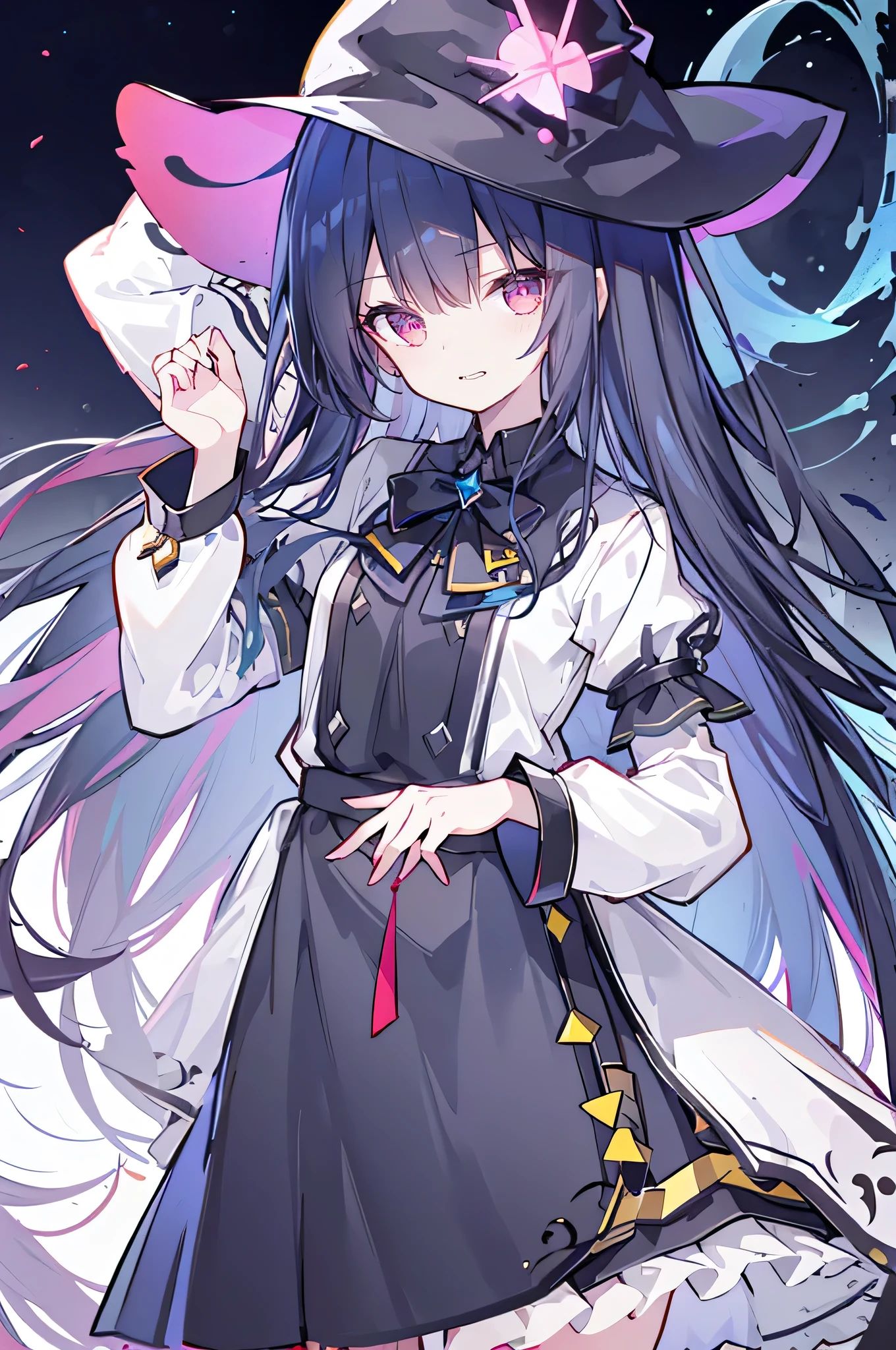 oung Girls,Humanity,A magician always smiles,big witch hat,cute,dark blue long hair,The eyes are dull,The bangs are heavy,Thin eyebrows,fantasy,intake,Double teeth,Star Theme,Constellation pattern,Solid color clothetal decoration,cloak,A bit of a dark atmosphere,A little crazy smile,When the big moon shines outside at night,blood,Hair black star embellishment,Short tie,No nails,High waist skirt,Bell sleeves,Long-sleeved shirt,Black tie,low risk,gentlemen。Mist、Yellow and white effect，Shocking pink as an accent color