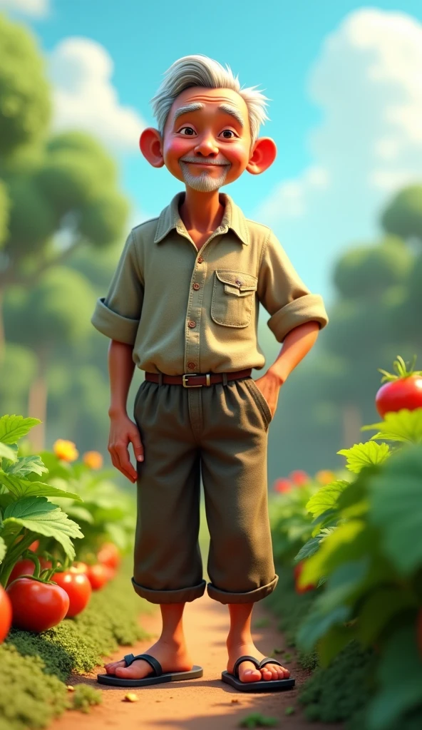 Uncle Tu is an elderly man, Lean with gray hair and tanned skin. He usually wears simple clothes like old shirts, Long pants and flip-flops. He has a gentle face, He often smiles and shows optimism through his actions. Growing vegetables in the backyard, The image of him standing in the vegetable garden. 3D image
Note: 3D image