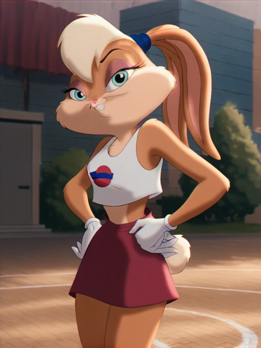 lolabunny, 1girl, solo, furry female, rabbit ears, rabbit girl, animal nose, black crop top,white gloves,hands on hips,  blue eyes, body fur, standing, tail sleeveless, light pink skirt, buck teeth,cowboy shot,smile,looking at viewer, outdoors, score_9, score_8_up, score_7_up, score_6_up, score_5_up, score_4_up   