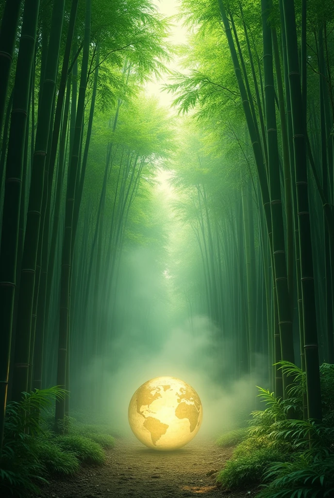 Create a mesmerizing image set in a dense bamboo forest. Tall, slender bamboo stalks rise high into the sky, their vibrant green leaves forming a natural canopy that filters the sunlight, casting dappled shadows on the forest floor. The scene is tranquil, with a soft mist hovering close to the ground, adding an air of mystery and serenity. In the center of the image, introduce an unexpected and creative element—a floating, glowing orb that emits a soft, ethereal light, contrasting with the natural surroundings. The orb’s glow should reflect off the bamboo stalks, creating an enchanting play of light and shadow. The composition should evoke a sense of wonder and magic, blending the natural beauty of the bamboo forest with the surreal and imaginative
