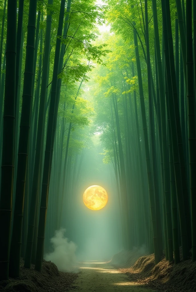 Create a mesmerizing image set in a dense bamboo forest. Tall, slender bamboo stalks rise high into the sky, their vibrant green leaves forming a natural canopy that filters the sunlight, casting dappled shadows on the forest floor. The scene is tranquil, with a soft mist hovering close to the ground, adding an air of mystery and serenity. In the center of the image, introduce an unexpected and creative element—a floating, glowing orb that emits a soft, ethereal light, contrasting with the natural surroundings. The orb’s glow should reflect off the bamboo stalks, creating an enchanting play of light and shadow. The composition should evoke a sense of wonder and magic, blending the natural beauty of the bamboo forest with the surreal and imaginative