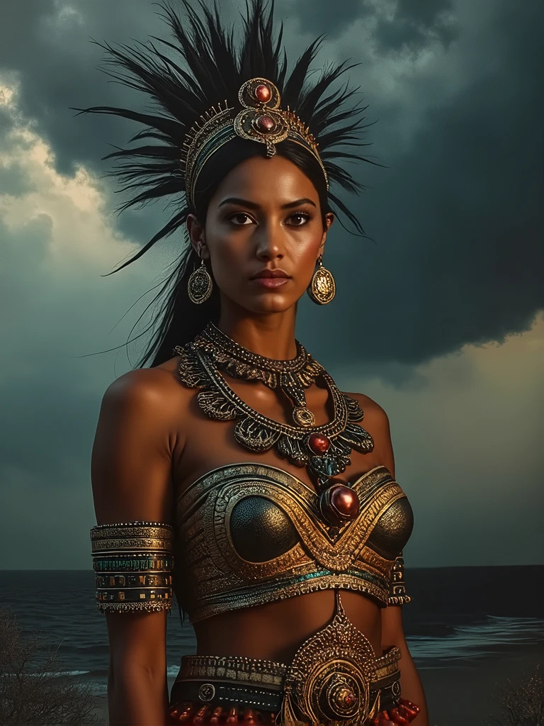 beautiful detailed eyes, beautiful detailed lips, extremely detailed eyes and face, long eyelashes, gorgeous Aztec priestess, 23 years old, full body shot, bloody ritual, dark atmosphere, black storm clouds, cinematic lighting, dramatic contrast, vibrant colors, oil painting, intricate details, chiaroscuro, hyper realistic, museum quality