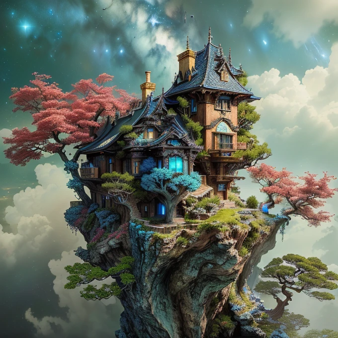 there is a house on a cliff with a tree in the middle, (((at night)), ((sky is deep blue and Milky Way is visible back)), 4k highly detailed digital art, fantasy house, 4 k detail fantasy, 4k detailed digital art, hyperrealism. fantasy 4k, 4 k surrealism, realistic fantasy render, fantasy matte painting，cute, bonsai tree house, 4k fantasy art, fantasy style 8 k octane render
