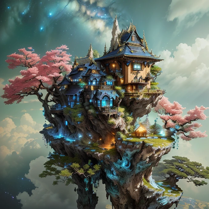 there is a house on a cliff with a tree in the middle, (((at night)), ((sky is deep blue and Milky Way is visible back)), 4k highly detailed digital art, fantasy house, 4 k detail fantasy, 4k detailed digital art, hyperrealism. fantasy 4k, 4 k surrealism, realistic fantasy render, fantasy matte painting,cute, bonsai tree house, 4k fantasy art, fantasy style 8 k octane render