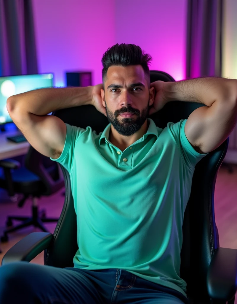 A confident man with short, black hair and a trimmed beard faces the camera directly while sitting in a high-quality gaming chair. His muscular, bodybuilder-like physique is still evident as he relaxes with his arms resting behind his head, showing off his well-defined biceps and forearms. He wears a tight-fitting light green polo shirt that highlights his strong upper body, though his skin is free of any tattoos. His expression is calm and serious, with a composed and relaxed demeanor. The image is highly detailed and polished, portraying him as a content creator or Twitch streamer who is also dedicated to fitness, sitting comfortably in his gaming chair.
