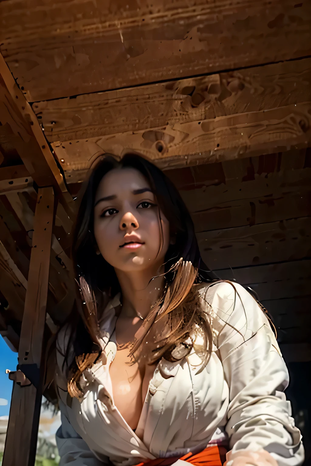 c.c., expressionless, , (masterpiece, best quality, ultra-detailed, best shadow, volumetric lighting), (beautiful detailed face, beautiful detailed eyes), (best illumination),, orange eyes, very long hair, (white straitjacket:1.4), black belt, A large round area is Peeking. Cruel ample wellingdale shayply plump tanned soft. , (cowboy shot:1.3), intense angle,, mksks style, beautiful background, professional lighting, landscape with warm Colors,